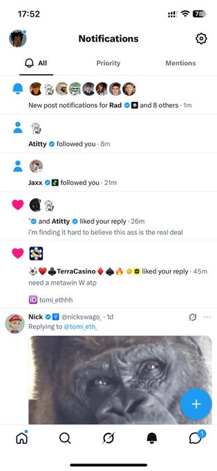 The image shows a Twitter/X Notifications feed on a phone displaying various alerts, including "Attity followed you · 8m" and "Jaxx followed you · 21m," directly supporting the post about being excited that @atitty_ followed back.