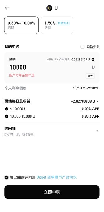 This image shows a Bitget (BG) U staking interface displaying tiered APR rates of 10.00% for ≤10,000 U and 0.80% for 10,000-15,000 U, with a subscription amount of 10,000 U selected—matching the planned staking activity and confirming the 2.82780808 U estimated daily earnings (~2.8 USDT) referenced in the post.
