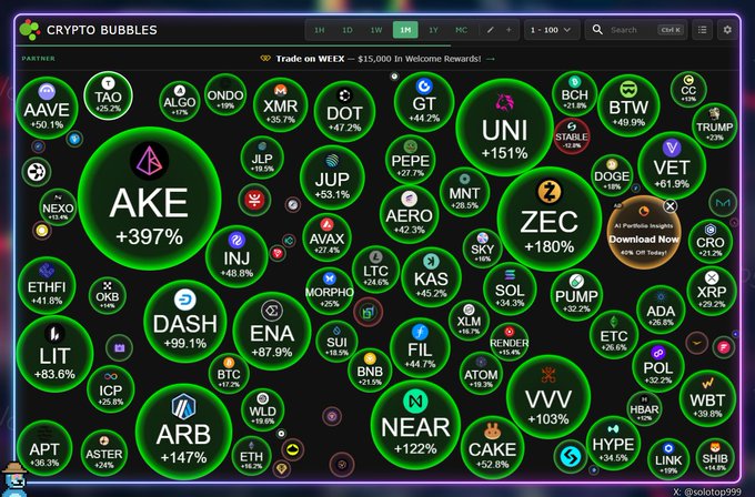 A screenshot of a crypto market visualization website called 'Crypto Bubbles' showing various cryptocurrency tickers like AKE (+397%), UNI (+151%), and ZEC (+180%) in green bubbles.