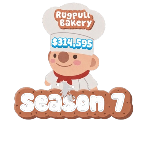 The image features a cartoon depiction of a chef wearing an oversized chef hat with a smiley face, sitting next to a sign that reads "Rugpull Bakery Season 7 price pool currently @ $314, 595...". The chef's hat and the word "season" are both in large sizes, drawing attention to the main subject of the image – the cartoon chef.

The background of the image is black, which helps to make the colors of the chef and the sign stand out. The text on the sign provides information about a pool price for season seven at Rugpull Bakery. Additionally, there are two small white circles placed next to each other in the bottom right corner of the image, possibly representing ingredients or items related to baking.