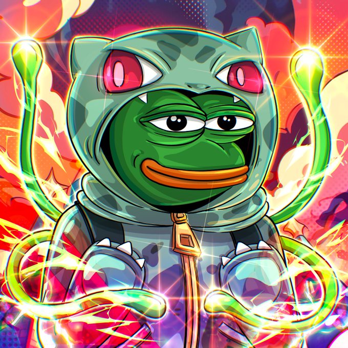 A vibrant, high-contrast digital illustration depicts Pepe the Frog wearing a cat-themed hood with glowing red eyes, surrounded by neon energy and flames.
