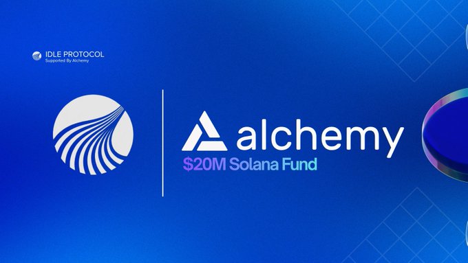 The image shows a logo with an "A" above the word "Alchemy". The text below reads "1/ We're excited to be backed by @Alchemy via the $20M Solana Fund - and we're switching our Solana RPC infrastructure to Alchemy." This implies that the company has recently received financial backing from the cryptocurrency project, called Alchemy, and is planning to transition their existing cryptocurrency infrastructure to utilize the new blockchain technology.