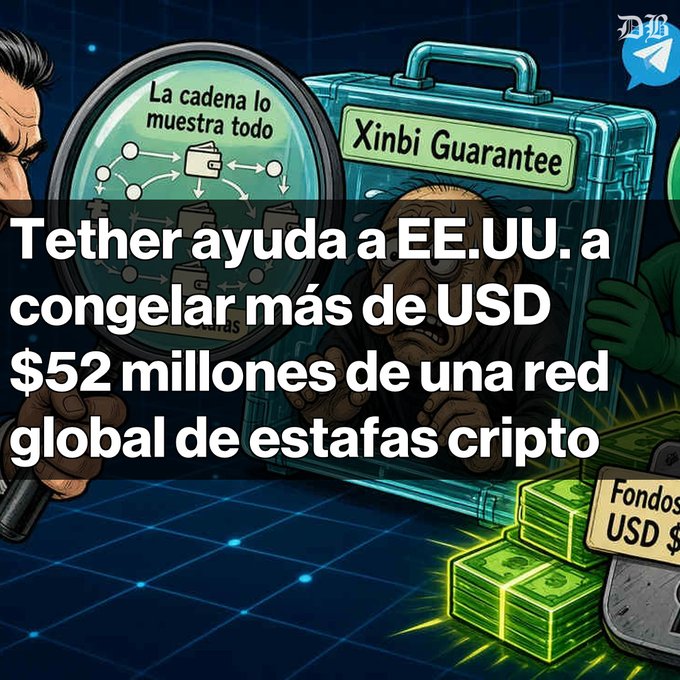Spanish-language crypto news graphic stating 'Tether helps the U.S. freeze over $52 million from a global crypto scam network,' illustrated with a detective, a monkey in a briefcase labeled 'Xinbi Guarantee,' and stacks of cash.