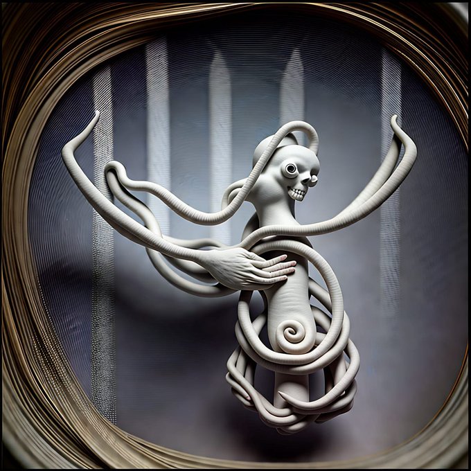A surreal sculptural figure of a small, pale creature with multiple tentacles or arms wrapping around itself, displayed against a striped background within a circular frame.