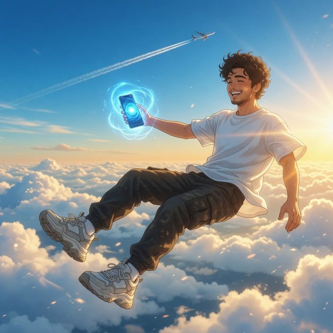 The image features a man sitting in the clouds, holding a cell phone up high above his head. The sky around him is filled with clouds, creating an atmosphere of relaxation and leisure. There are also airplanes visible in the background, suggesting that this scene takes place at an airport or near one.