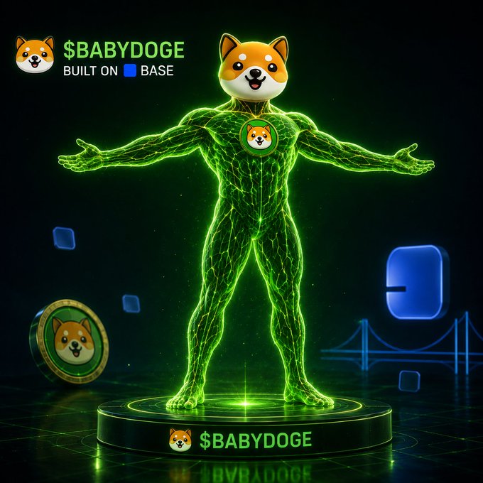 A muscular Shiba Inu figure rendered in glowing green cracked energy stands in a T-pose on a circular pedestal, surrounded by floating tokens, blocks, and a bridge silhouette. The "Shiba Inu" head is shown twice—once floating at the top left and once on the pedestal—alongside the text "$BABYDOGE BUILT ON BASE," promoting the $BABYDOGE token contract 0x58ecef26335af7b04a998105a6603b0dc475af33 on the Base network.