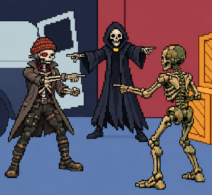 A pixel art illustration shows three skeletal figures, including one in a black hooded robe and another in a red beanie, all pointing at each other in a warehouse setting.