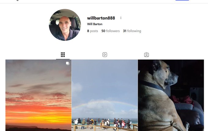 The image shows an Instagram profile for "willbarton888" (Will Barton) with 8 posts, 50 followers, and 31 following, displaying a sunset photo, a rainbow scene with people, and a dog as visible posts. The image appears unrelated to the accompanying post about cryptocurrency mining of $PRL, $CSD, and $BTX, as it simply shows the social media profile where the post was likely shared.