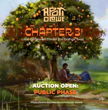 A promotional graphic for an NFT art auction titled "LáBe Igí Orònbó (Under the Oŕàngé Trèè)" Chapter 3, showing two figures resting under an orange tree, with the link https://www.kayaworks.com/spot-olowe.