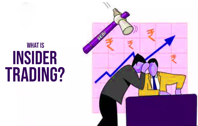 The image features a bold "WHAT IS INSIDER TRADING?" headline alongside a vibrant illustration of two figures conspiring over a laptop, with an upward-trending stock chart, rupee symbols (₹), and a SEBI-branded gavel in the background—symbolizing regulatory crackdowns on suspicious trading activity. This ties directly to the post's theme of investigating suspicious wallet activity ("insider trading") behind last night's $ETH price surge.