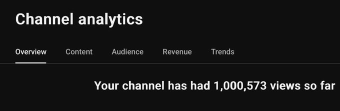 The YouTube Channel analytics screen, on the Overview tab, reports 1,000,573 total views, marking the channel’s passage beyond the one‑million‑view milestone.