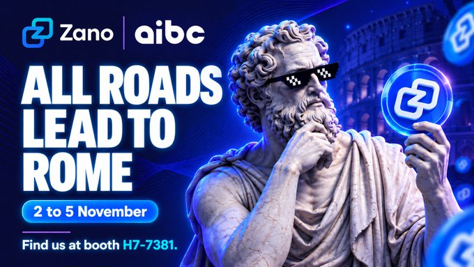 Promotional banner for Zano and aibc announcing 'All Roads Lead to Rome' from 2 to 5 November, featuring a marble statue wearing pixelated sunglasses holding a Zano coin at booth H7-7381.