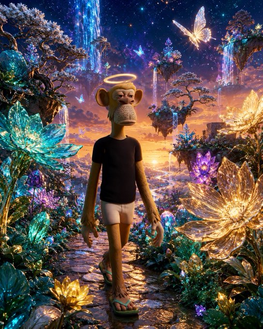 A surreal digital artwork of a monkey character with a glowing halo, wearing a black t-shirt and white shorts with flip-flops, standing in a magical fantasy landscape filled with glowing crystals, butterflies, and floating islands.