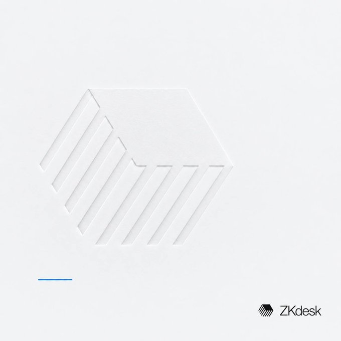 A minimalist white and gray graphic design features a stylized geometric shape and the 'ZKdesk' logo in the bottom right corner.