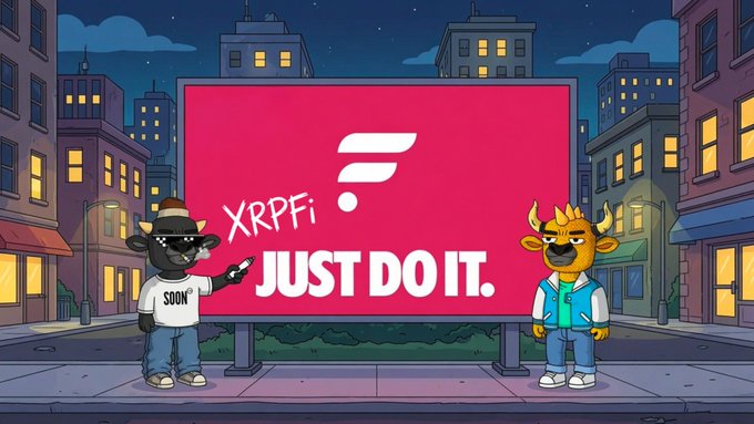 Two cartoon characters—a bull in a hoodie and a bear in sunglasses and a "SOON" shirt—stand beside a red billboard reading "XRPFi JUST DO IT." with a Flare logo, visually promoting the #XRPFi on #Flare campaign with the "Just Do It" slogan.