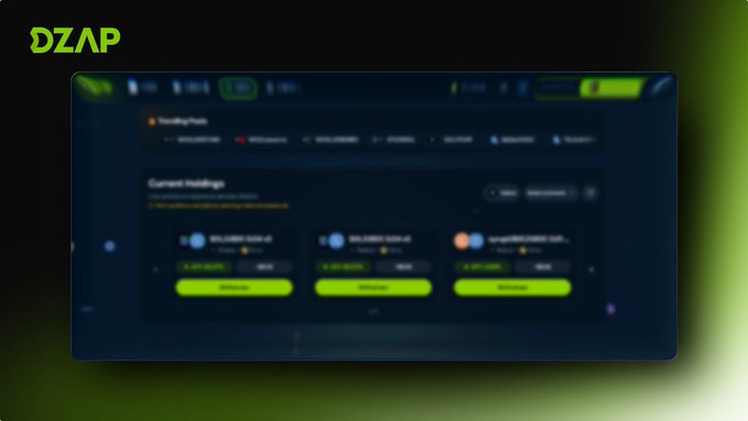 The image shows a computer screen displaying a website called "DZAP" with a focus on the "Current Transactions" section, which includes information about Bitcoin transactions. The background of the image has a green tint, making it stand out against the black screen. The text in the image reads "One-click earning on @solana is almost here Apply for DZap Earn Beta for early access and exclusive benefits app.dzap.io/earn".