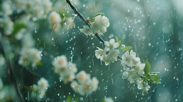 Artistic close-up photograph of delicate white plum or cherry blossoms on a branch, drenched in raindrops with a soft bokeh background.