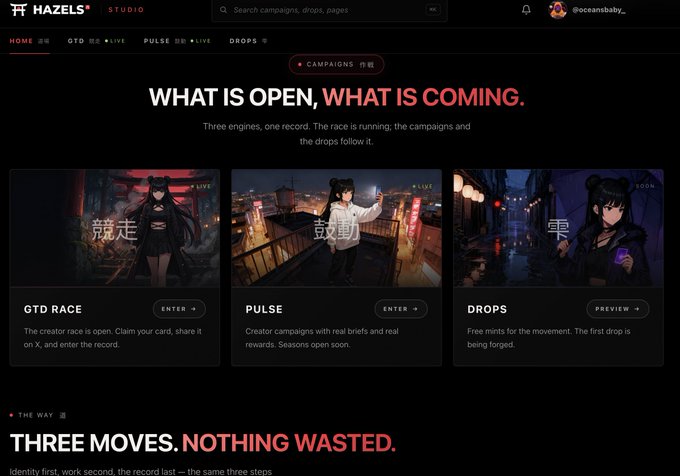 The Hazels Studio website homepage displaying 'WHAT IS OPEN, WHAT IS COMING' with three campaign sections: GTD RACE, PULSE, and DROPS, each featuring anime-style character artwork.
