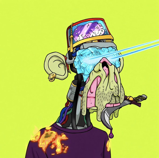 A surreal digital illustration depicts a cyborg-like figure with a crystalline brain wearing a VR headset, featuring melting, dripping facial elements and laser beams on a bright green background.