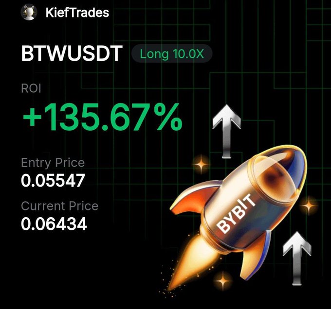 The image features a white rocket with blue and yellow accents flying above a black background, reaching towards the top of the frame. The caption below the image reads "$.btwusdt long 10.0x ROI + 135.65%". This text appears to be related to a cryptocurrency or online marketplace discussion on a trading platform like Bittrex.