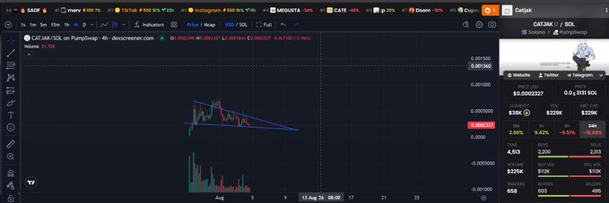 A trading chart of CATJAK/USDT on Coinbase's Advanced Trade platform, showing a descending triangle pattern with a current price of approximately $0.0003397 (-0.31%), supporting the post's hint at a potential bullish breakout setup with the noted "dirty flag" technical pattern.