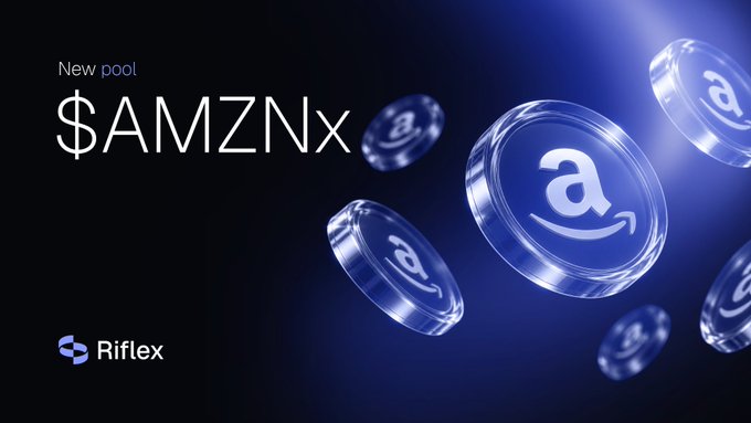 A promotional graphic for a "New pool $AMZNx" on the Riflex platform, showing floating coins with Amazon branding.