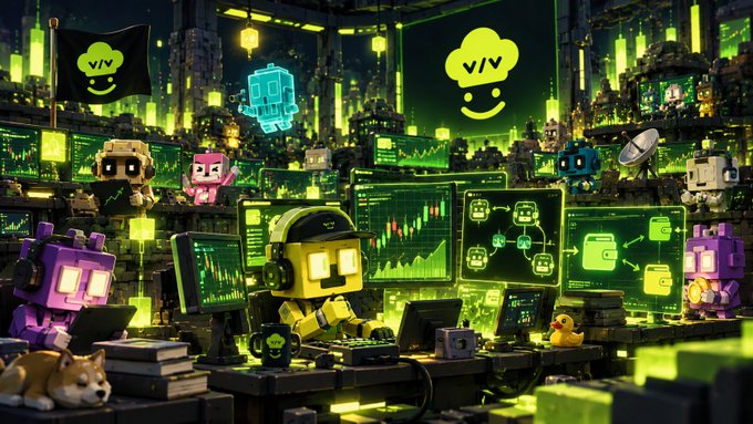 A vibrant green-lit "quant office" filled with pixelated robot characters working at computers displaying charts and data, with "V/V" smiley face logos floating in the background, representing the @vibevibefun community as functional agents rather than just static NFTs.