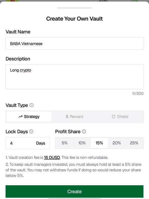 The image shows a "Create Your Own Vault" form on StandX where a user is setting up a vault named "BABA Vietnamese" with a "Long crypto" strategy description, a 4-day lock period, and a 15% profit share selection, illustrating the platform's vault creation feature highlighted in the StandX Vault Campaign promotion.