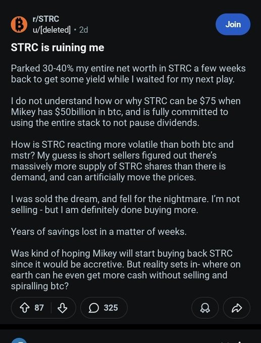 A Reddit post from r/STRC titled "STRC is ruining me" details a user's frustration after parking 30-40% of their net worth in STRC shares for yield, only to watch the price drop to $75 despite CEO "Mikey" holding $50 billion in BTC to support dividends. The accompanying caption connects this to the Luna/FTX collapse narratives, noting the user is exhibiting signs of "PTSD" as they realize their savings evaporated in weeks and are now stuck holding the bag.