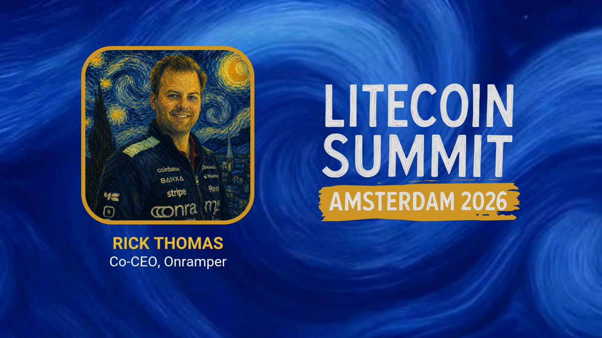 The image features a man with a big smile, wearing a suit and tie, standing against a blue background that looks like waves or a painting of a city skyline. The text "Litecoin Summit Amsterdam 2016" is written above him, indicating the event he is attending. The image also includes a logo for the Litecoin Summit, which is an online conference where people gather to discuss and learn about cryptocurrency technology.