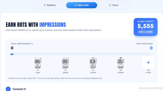 A screenshot of a digital dashboard titled 'EARN BOTS WITH IMPRESSIONS,' showing a mint supply of 5,555 and a progression chart for earning bot rewards by posting on X.