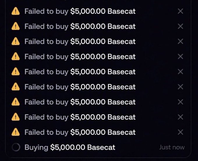 The image shows a Robinhood notification stack with nine consecutive "Failed to buy $5,000.00 Basecat" errors followed by a pending "Buying $5,000.00 Basecat" attempt, humorously illustrating the kind of FOMO-driven buying pressure that occurs during volume spikes on Base chain memecoins like Basecat.