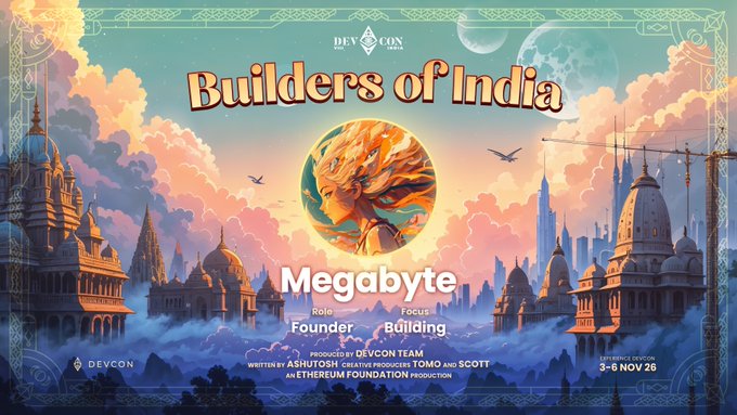 The image is a promotional poster for "Builders of India" by DEVCON, featuring a vibrant fantasy scene with a dragon-emblazoned globe set against a backdrop of Indian-inspired architecture and futuristic skyscrapers. Key text includes "Builders of India," "Megabyte," and the dates "3-6 NOV 26," highlighting their story as a featured builder in the Ethereum ecosystem who transitioned from trader to founder of two startups.