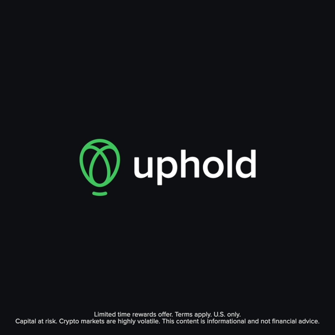 The image displays the Uphold logo featuring a green circular icon with an "X" design next to the white "uphold" text on a black background, with disclaimer text at the bottom noting "Limited time rewards offer. Terms apply. U.S. only. Capital at risk. Crypto markets are highly volatile. This content is informational and not financial advice."

The logo serves as branding for the post about Uphold's Direct Deposit with Auto-Invest feature, which allows users to earn crypto rewards like XRP on their trades.