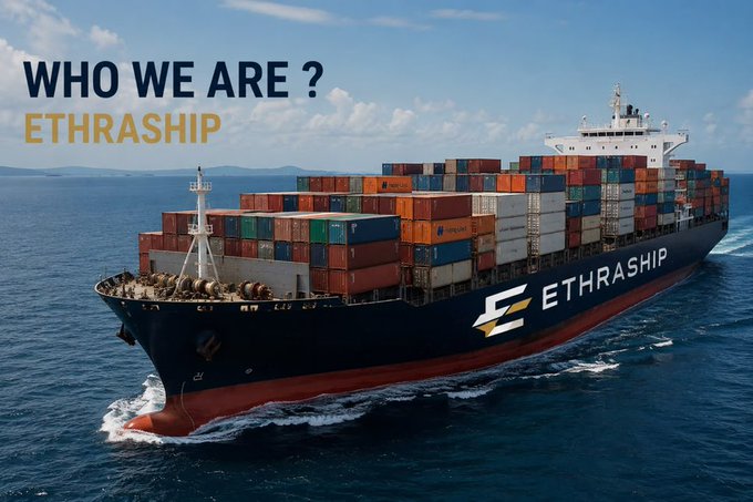 A large container ship labeled 'ETHRASHIP' sailing on the ocean, with 'WHO WE ARE? ETHRASHIP' text in the upper left corner.