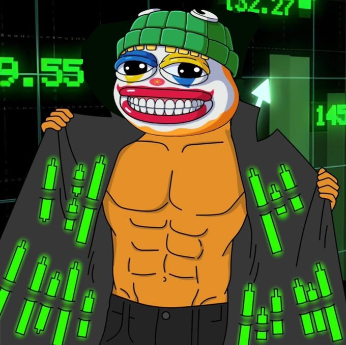A muscular cartoon figure wearing a clown mask and green beanie opens a jacket to reveal bundles of glowing green stylized candles—resembling crypto price chart bars—suggesting bullish market gains, fitting the "Good morning NFT lovers, Happy Friday" celebratory tone. Visible background numbers include "9.55," "102.27," and "145," mimicking a stock or crypto trading display.