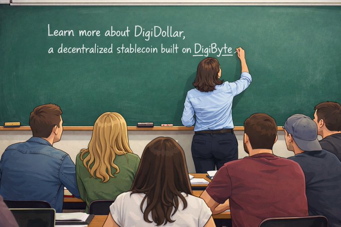 An illustration shows a teacher writing on a chalkboard: 'Learn more about DigiDollar, a decentralized stablecoin built on DigiByte.'