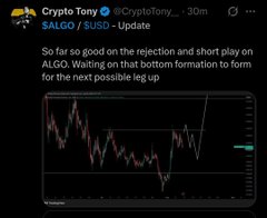 A tweet from Crypto Tony (@CryptoTony__) titled 'ALGO / SUSD - Update' discussing rejection and a short play on ALGO, waiting for a bottom formation before the next leg up.