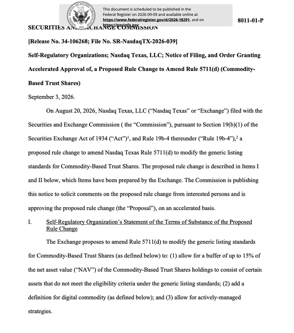 A Securities and Exchange Commission document (Release No. 34-106268) regarding Nasdaq Texas, LLC's proposed rule change to amend Rule 5711(d) for Commodity-Based Trust Shares, dated September 3, 2026.