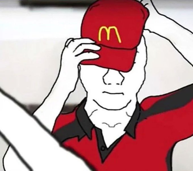 A Wojak-style meme character wearing a red McDonald's uniform shirt and the iconic yellow 'M' cap, adjusting the hat with both hands.