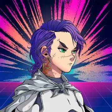 Digital anime-style illustration of a character with purple hair tied up, green eyes, a facial scar, wearing white armor with a flowing cape, set against a vibrant pink and blue retro-futuristic background.