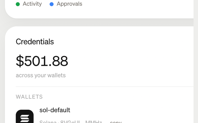 A Paybox dashboard showing $501.88 in credentials across wallets, including a sol-default Solana wallet. The screenshot illustrates the post's instructions to check the dashboard and manage wallets, as part of an update on using Moonpay's Agentic Mode on app.paybox.sh.