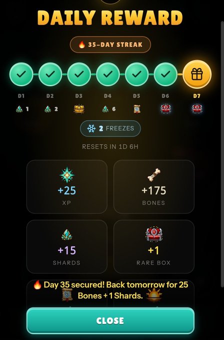 A screenshot of a mobile game 'DAILY REWARD' screen showing a 35-DAY STREAK and rewards including XP, Bones, Shards, and a Rare Box.