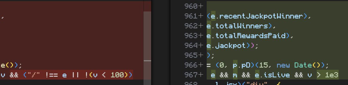 A code editor screenshot displaying JavaScript lines 960-968 with functions like e.recentJackpotWinner, e.totalWinners, e.totalRewardsPaid, and e.jackpot against a dark green and red background.