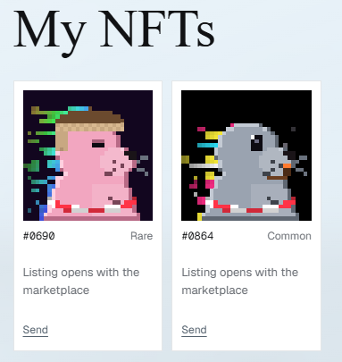 A digital collection interface titled 'My NFTs' displays two pixel-art character cards, #0690 labeled 'Rare' (a pink figure) and #0864 labeled 'Common' (a grey ghost), each noting 'Listing opens with the marketplace' and a 'Send' option.