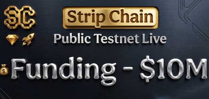 A promotional graphic for Strip Chain announcing that its Public Testnet is now live, highlighting the project's $10M in funding alongside decorative icons of a gem and rocket. The image visually supports the post's message about Stripchain's free, early-access testnet opportunity focused on omnichain interoperability across Bitcoin, Ethereum, Solana, and Sui.