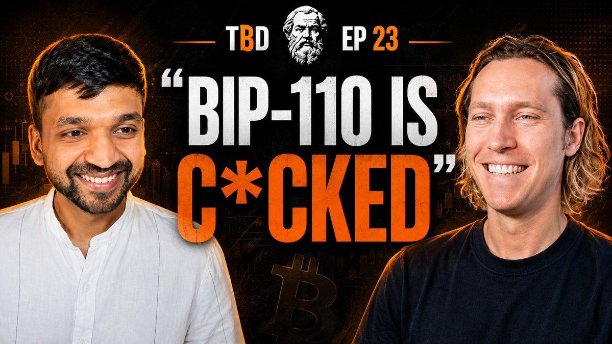 A YouTube thumbnail for "TBD EP 23" titled "BIP-110 IS C*CKED" featuring two men (one in a white shirt, one with long blond hair) flanking the text, with a Bitcoin symbol in the background.