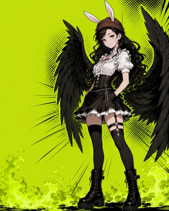 An anime-style illustration of a girl with long black hair, bunny ears, large black wings, and a black gothic outfit standing against a bright green background with flames at her boots.