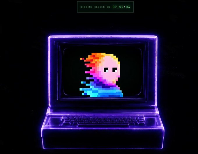 A pixel art character is displayed on a glowing neon purple laptop screen with "BIDDING CLOSES IN 07:52:03" shown above, suggesting an NFT auction.
