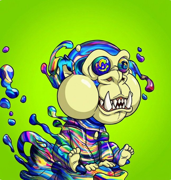 A vibrant digital artwork featuring a stylized cartoon monkey with large iridescent eyes and prominent fangs, surrounded by colorful liquid-like splashes against a bright green background.